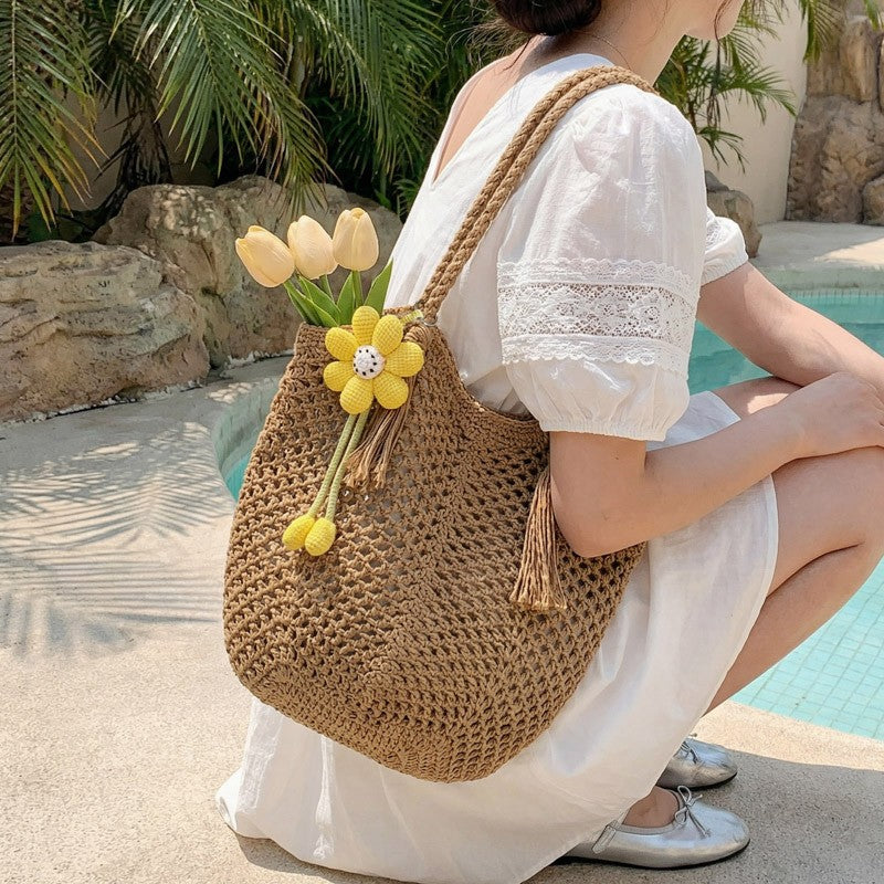 Knitted Tote Bag in Boho Style with Charming Charms