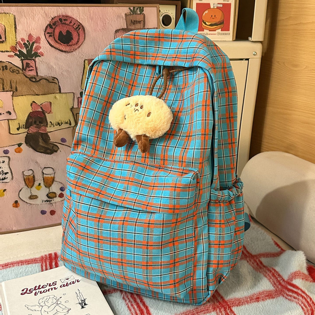 Backpack with Practical Check Pattern and Cute Plush Pendant