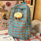 Backpack with Practical Check Pattern and Cute Plush Pendant