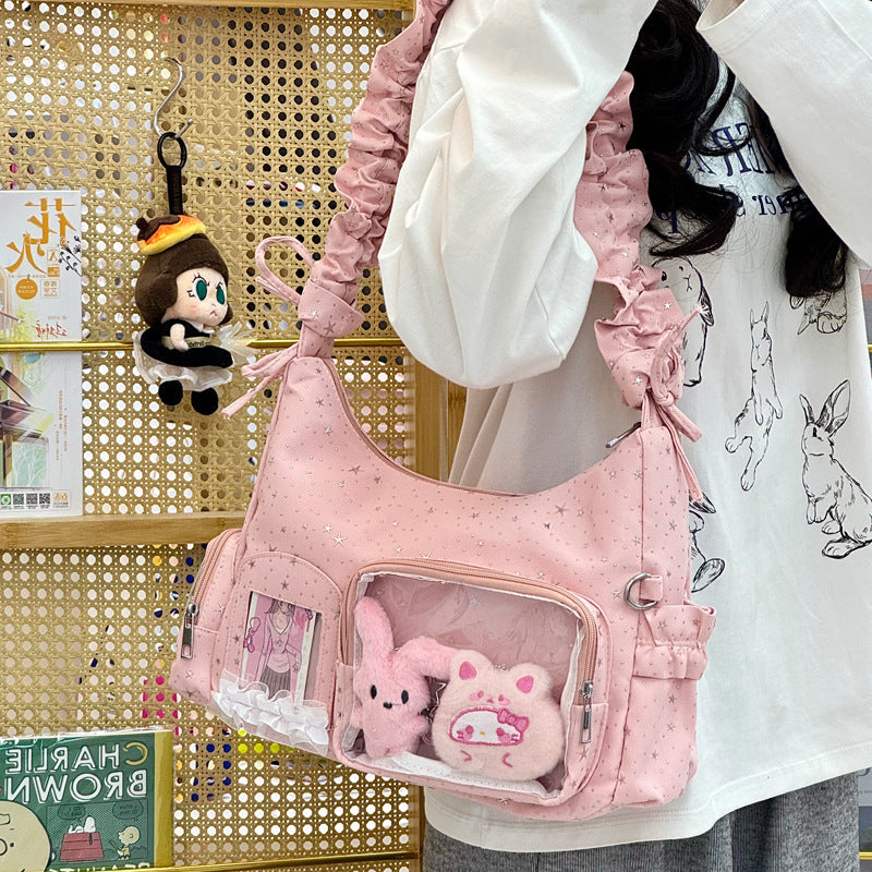 Star-Print Ruffle Strap Shoulder Bag
