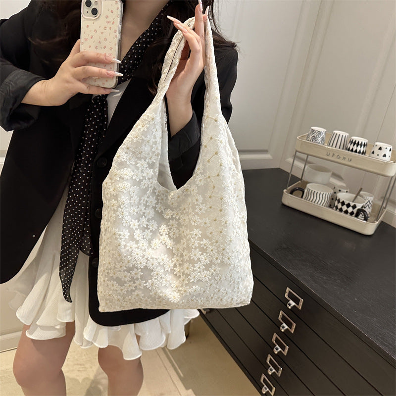 Elegant Floral Embroidered Grocery Tote Bag