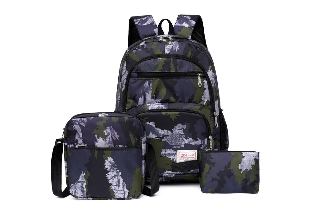 School backpack with multiple compartments and matching accessories