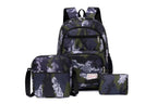 School backpack with multiple compartments and matching accessories