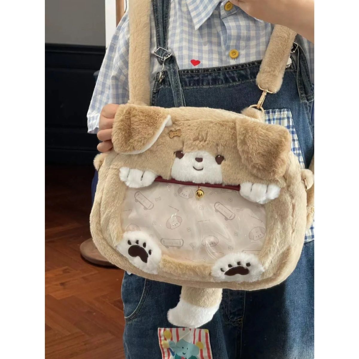 Plush Shoulder Bag with Dog Motif