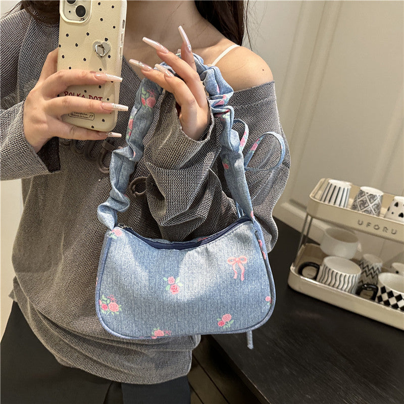 Embroidered Denim Shoulder Bag