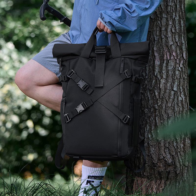 Backpack with roll closure and durable materials