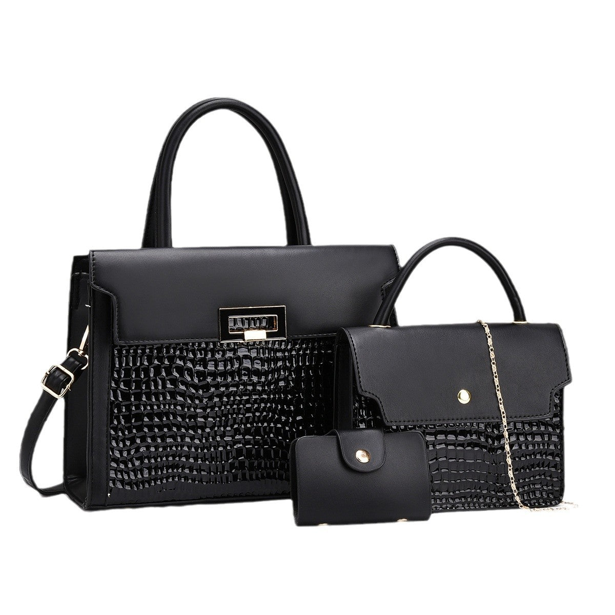 Ladies handbag set with luxurious crocodile leather look and removable clutch