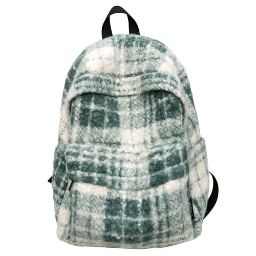 Cozy Fleece Checkered School Backpack-https://detail.1688.com/offer/855665940658.html-Calm Wears-White Green-Calm Wears