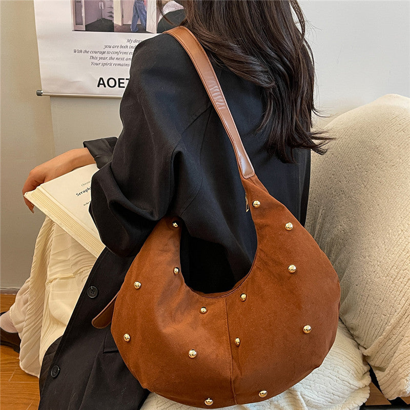 Textured Suede Hobo Bag with Decorative Studs
