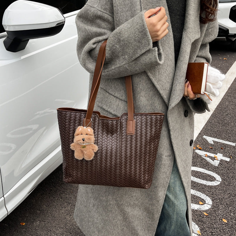 Woven Leather Shoulder Tote Bag