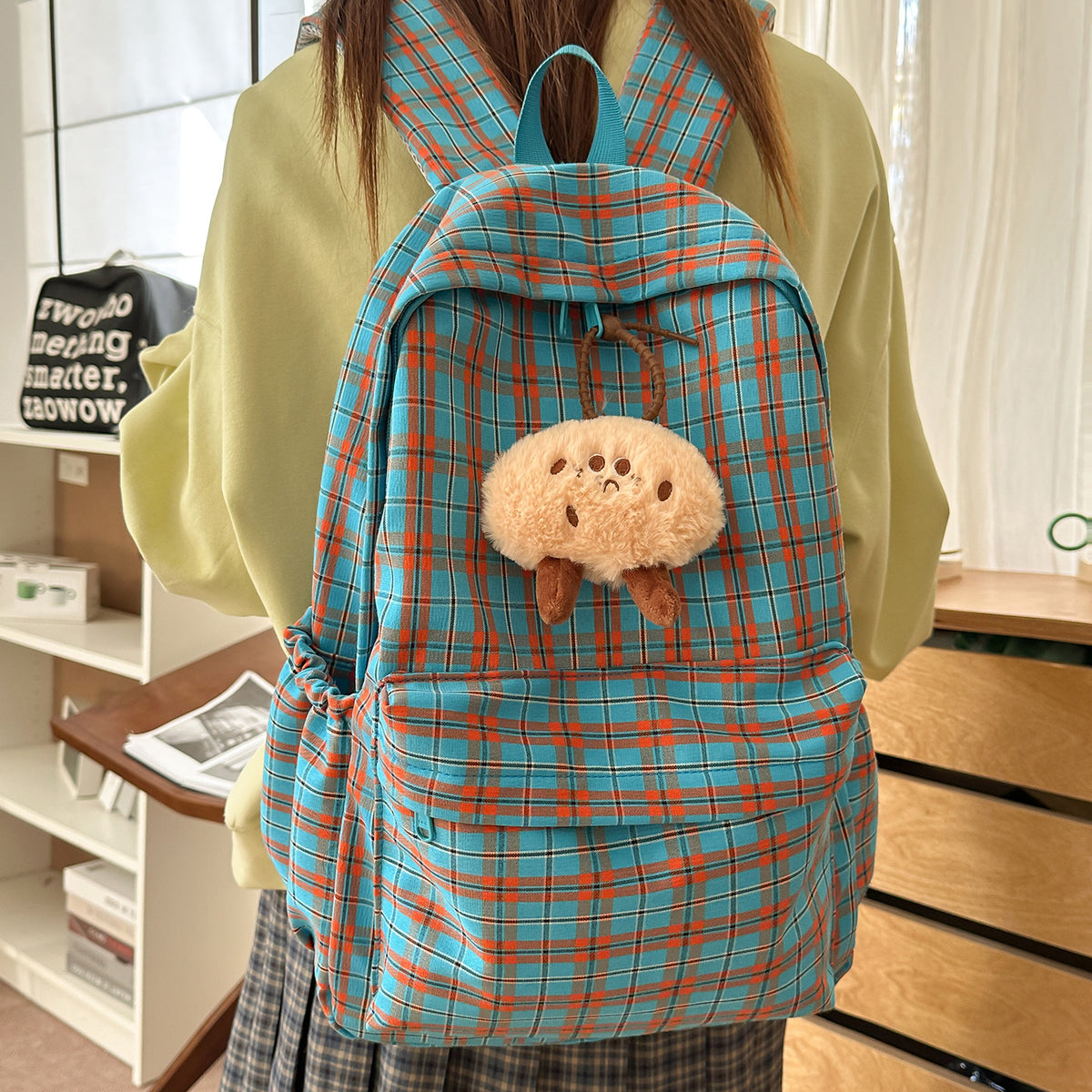 Backpack with Practical Check Pattern and Cute Plush Pendant