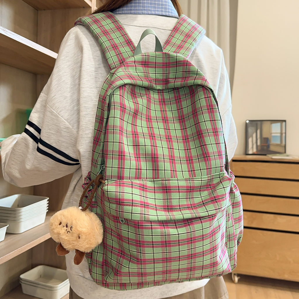 Backpack with Practical Check Pattern and Cute Plush Pendant