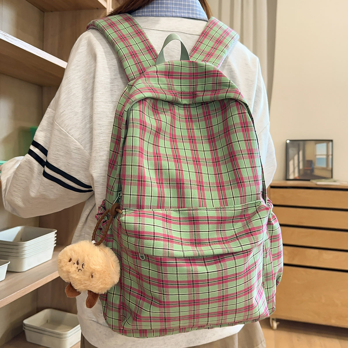 Backpack with Practical Check Pattern and Cute Plush Pendant