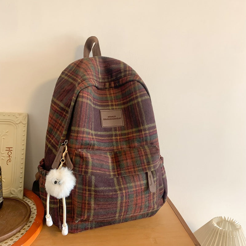 Cozy Plaid Patterned School Backpack-https://detail.1688.com/offer/826423679318.html-Calm Wears-Red Brown-Calm Wears