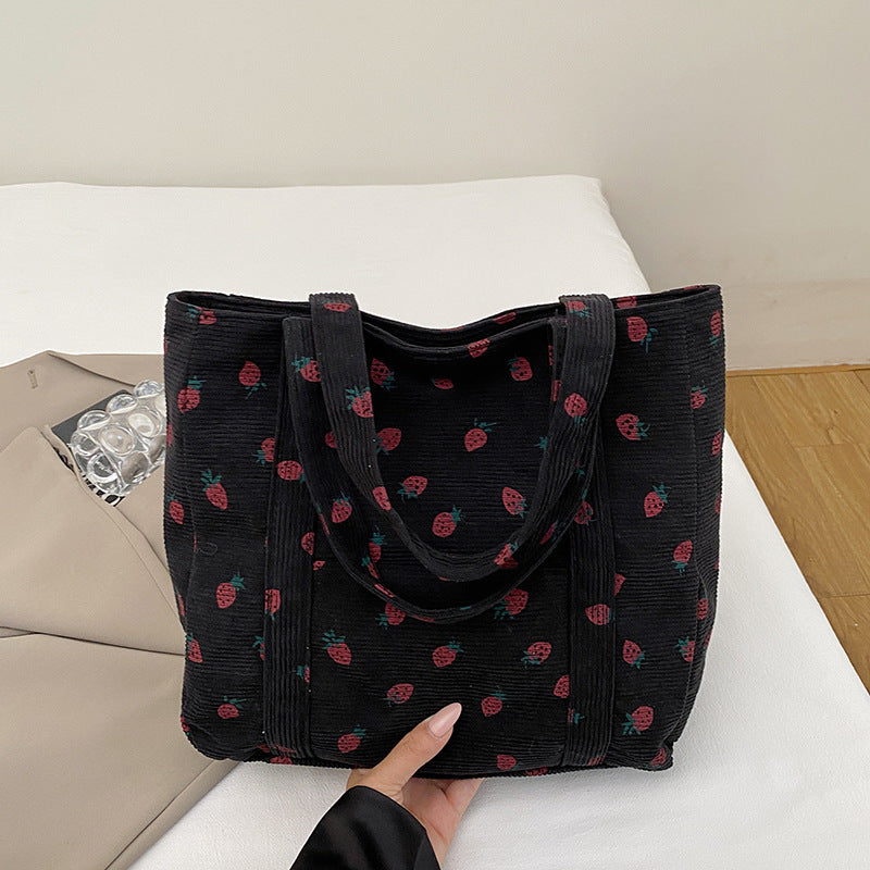 Playful Strawberry Print Corduroy Tote Bag