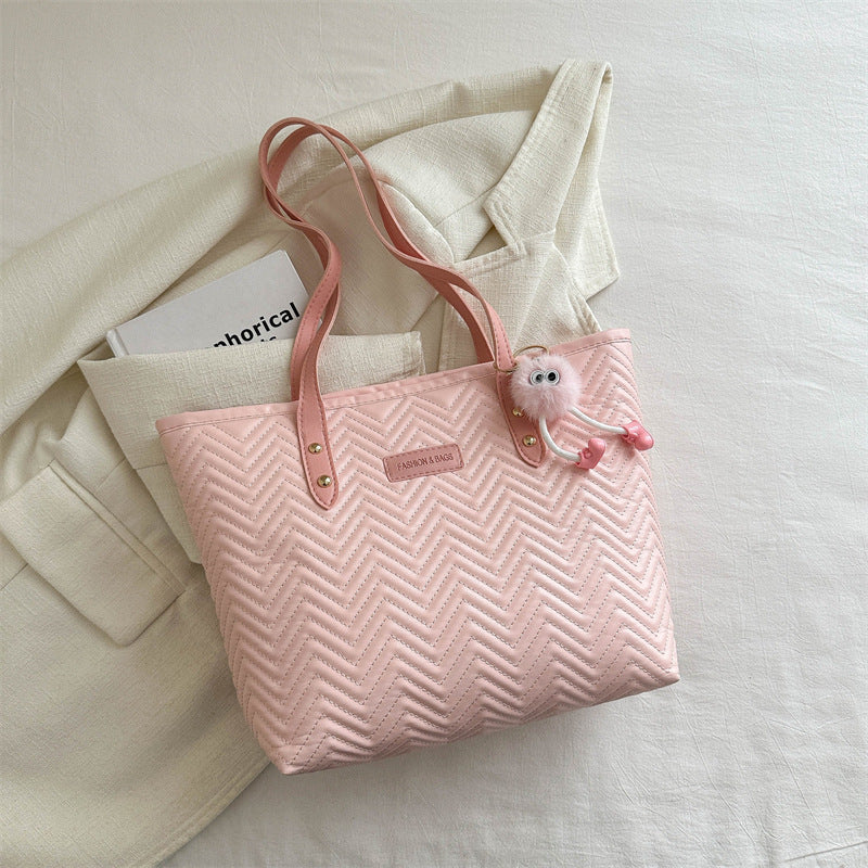 Women Leisure Tote Bag with Textured Wave Pattern and Charming Charm-https://detail.1688.com/offer/794764595567.html-Calm Wears-Rosa-Size: With pendant-Calm Wears