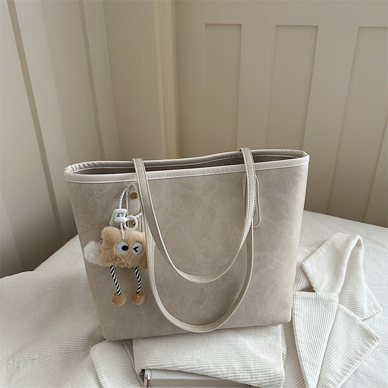 Women's classic tote bag with charming plush toy pendant-https://detail.1688.com/offer/1049019114052.html-Calm Wears-Beige-Size: Without pendant-Calm Wears