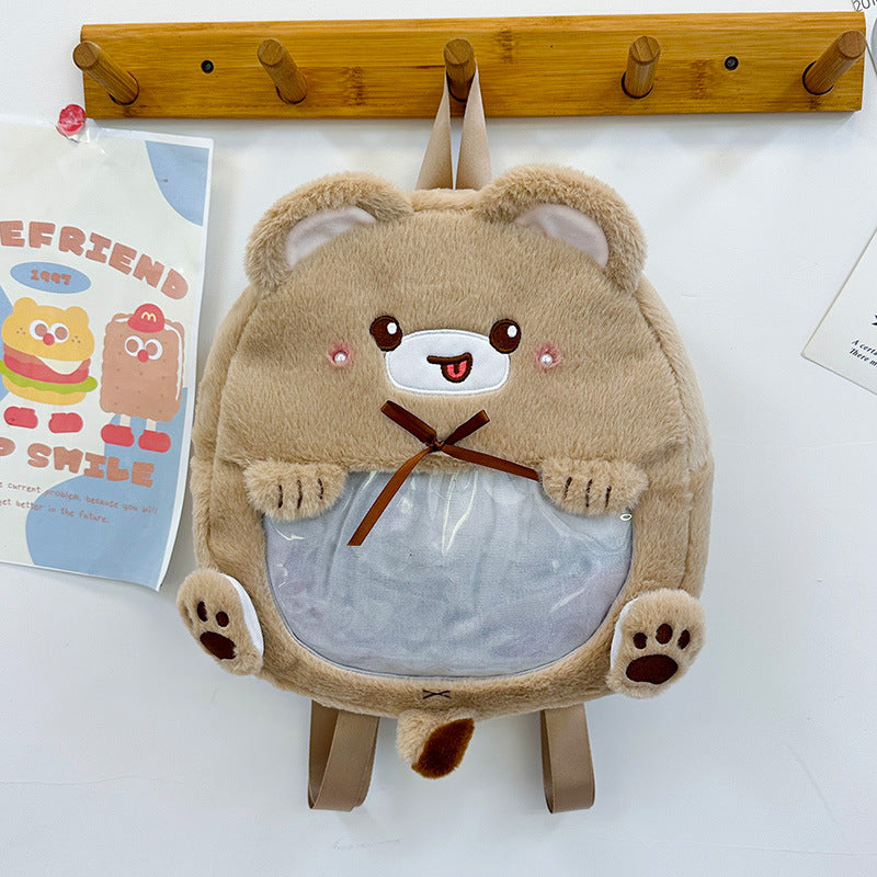 Plush children's backpack with animal motif and practical viewing window