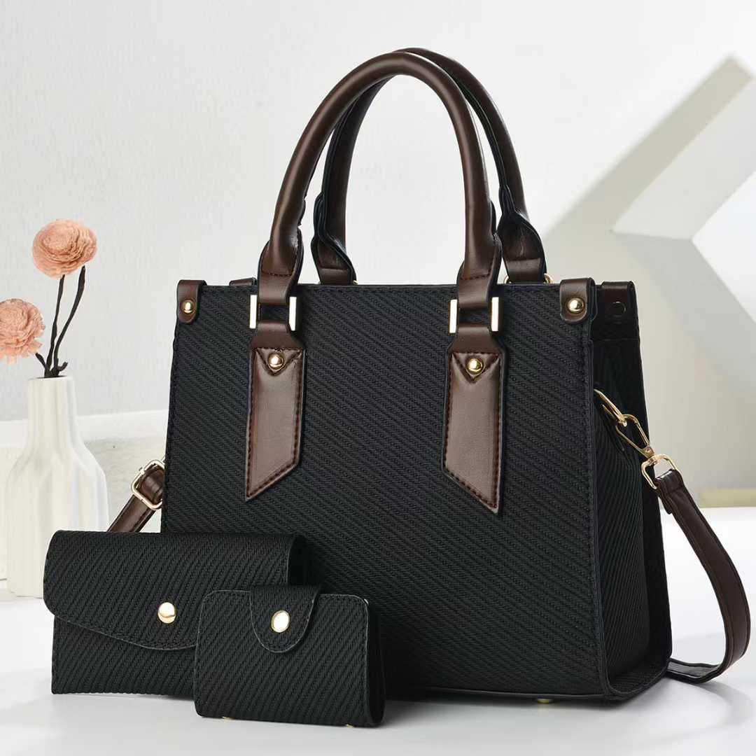 Women's tote bag with textured design and detachable clutch-https://detail.1688.com/offer/1036527263070.html-Calm Wears-Black-271322-Calm Wears