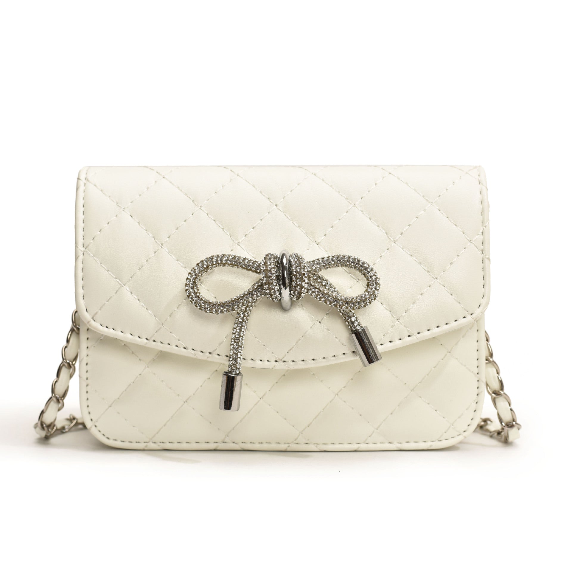 Ladies mini handbag with luxurious quilted pattern and sparkling chain pendant-https://detail.1688.com/offer/804896620566.html-Calm Wears-White-S-Calm Wears