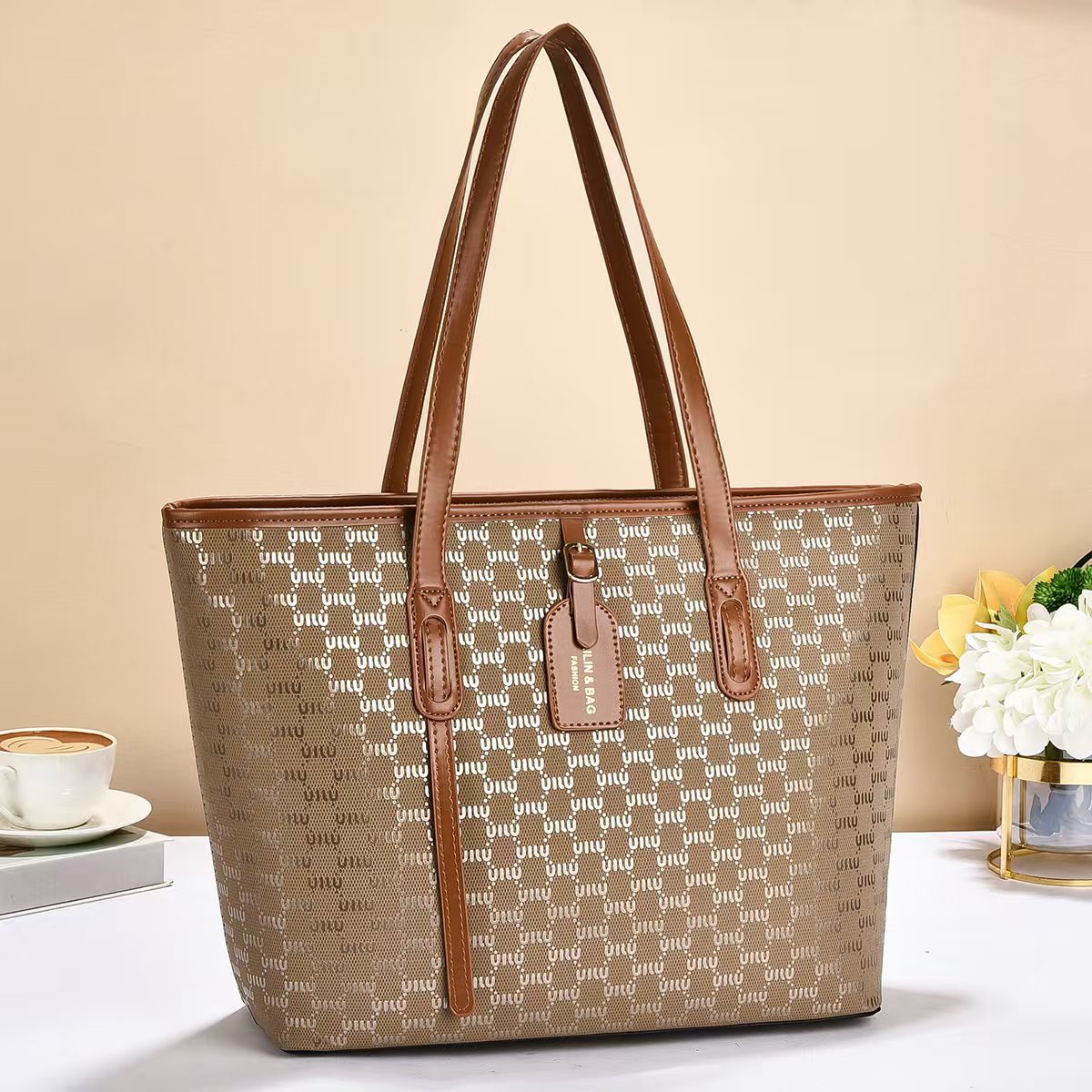 Women's tote bag with luxurious design and structured outer material-https://detail.1688.com/offer/970505650251.html-Calm Wears-Dark khaki-321327-Calm Wears