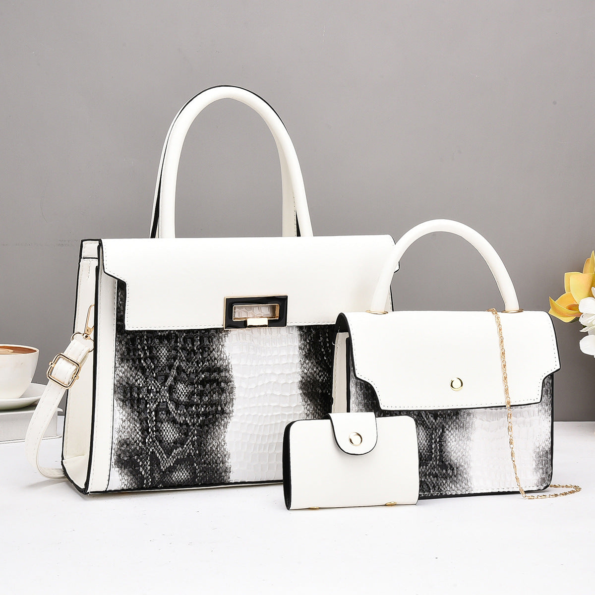 Ladies handbag set with luxurious crocodile leather look and removable clutch-https://detail.1688.com/offer/855100566326.html-Calm Wears-Beige-30-Calm Wears
