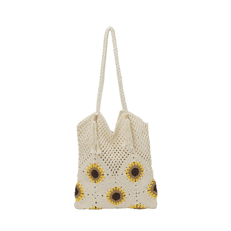 Ladies crocheted shoulder bag with playful sunflower appliqués-https://detail.1688.com/offer/1025216319018.html-Calm Wears-White-nothing-Calm Wears