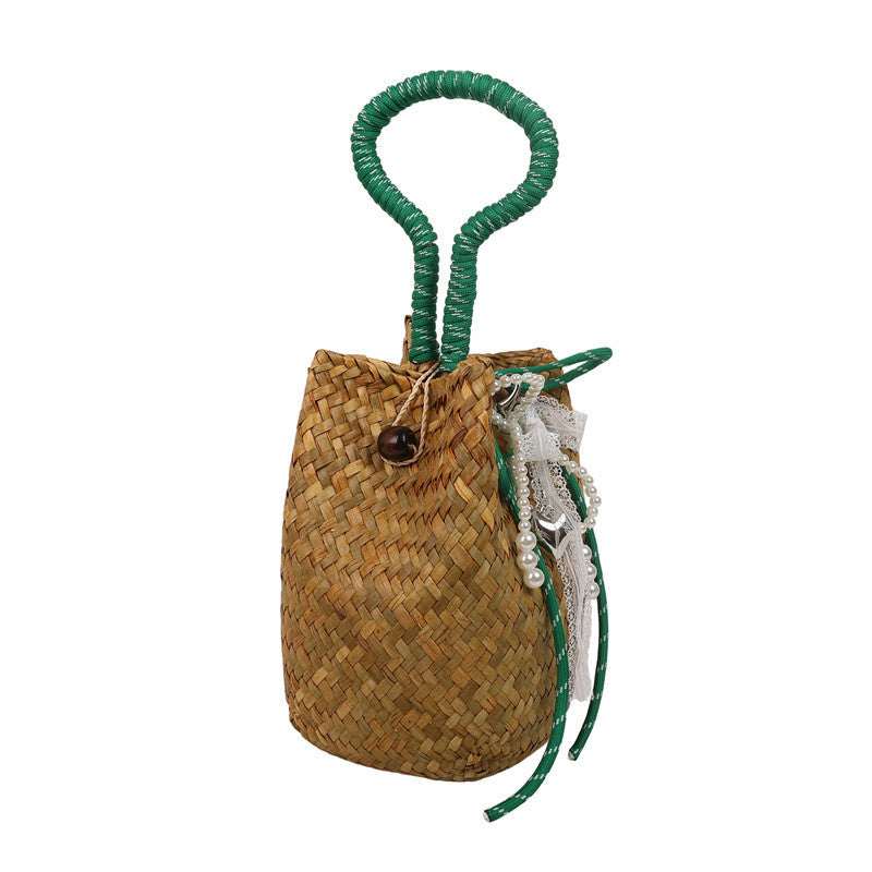 Women's hand-woven shoulder bag with decorative drawstring-https://detail.1688.com/offer/1049695935068.html-Calm Wears-Green-Size: without pendant-Calm Wears