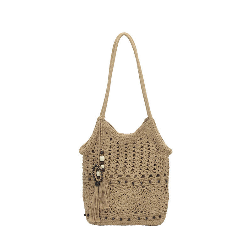 Ladies crocheted shoulder bag with decorative fringes and unique accents-https://detail.1688.com/offer/1016463857877.html-Calm Wears-Khaki-Size: Zipper version-Calm Wears
