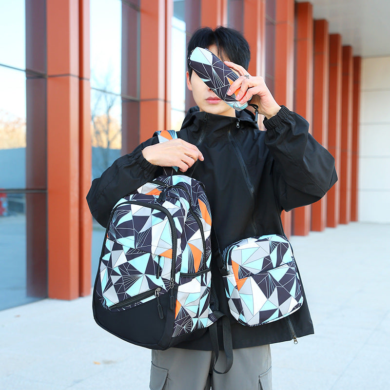 School backpack with multiple compartments and matching accessories