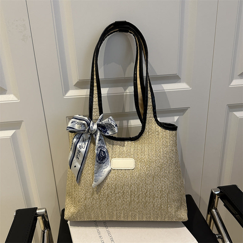 Textured Weave Tote Bag with Elegant Bow