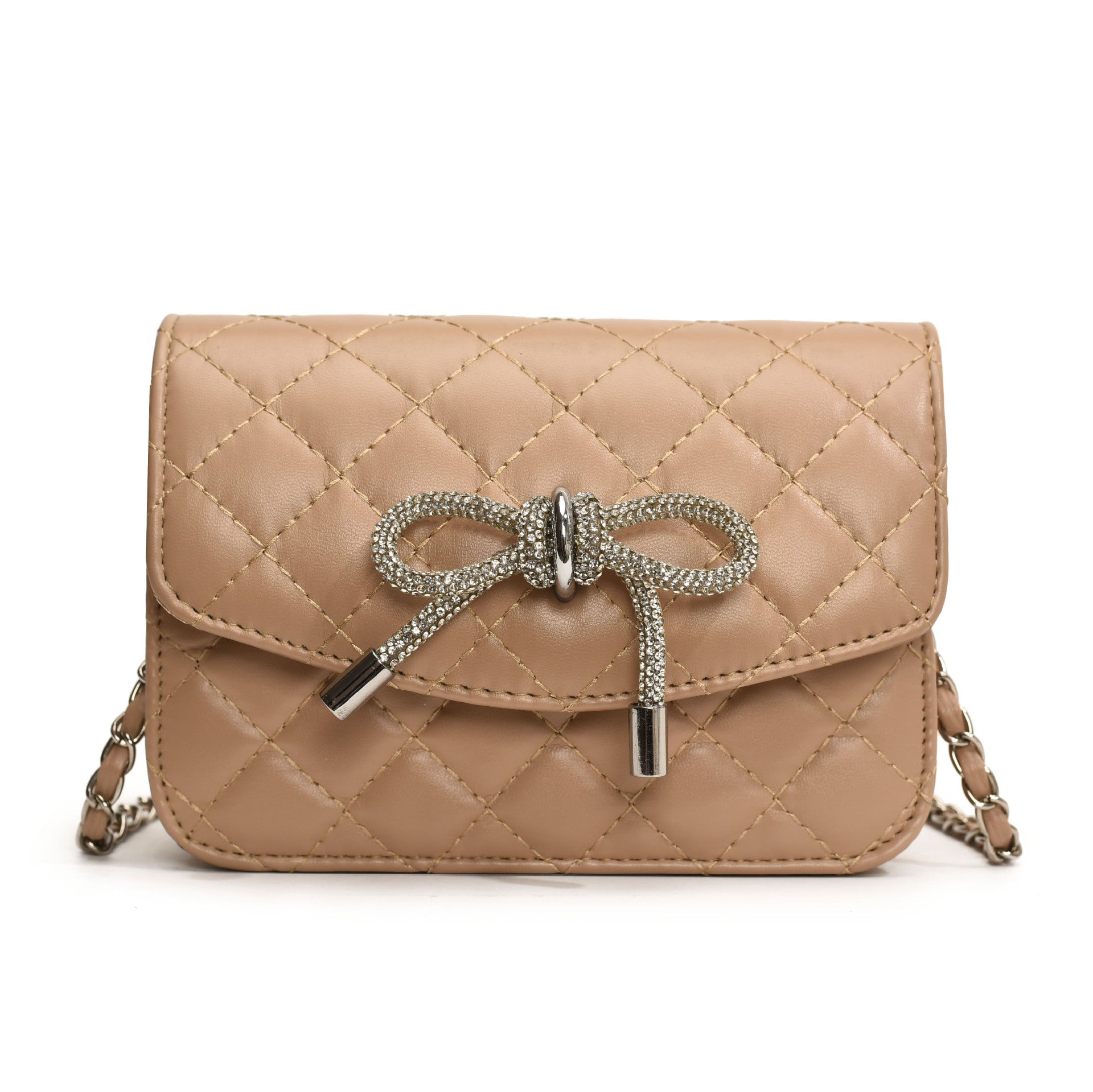 Ladies mini handbag with luxurious quilted pattern and sparkling chain pendant-https://detail.1688.com/offer/804896620566.html-Calm Wears-Khaki-S-Calm Wears