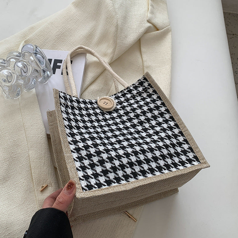 Ladies Jute Bag in classic Houndstooth pattern-https://detail.1688.com/offer/710679752572.html-Calm Wears-Black-nothing-Calm Wears