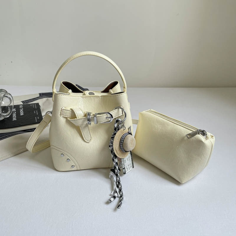 Women's stylish mini bucket bag with removable cosmetic pouch
