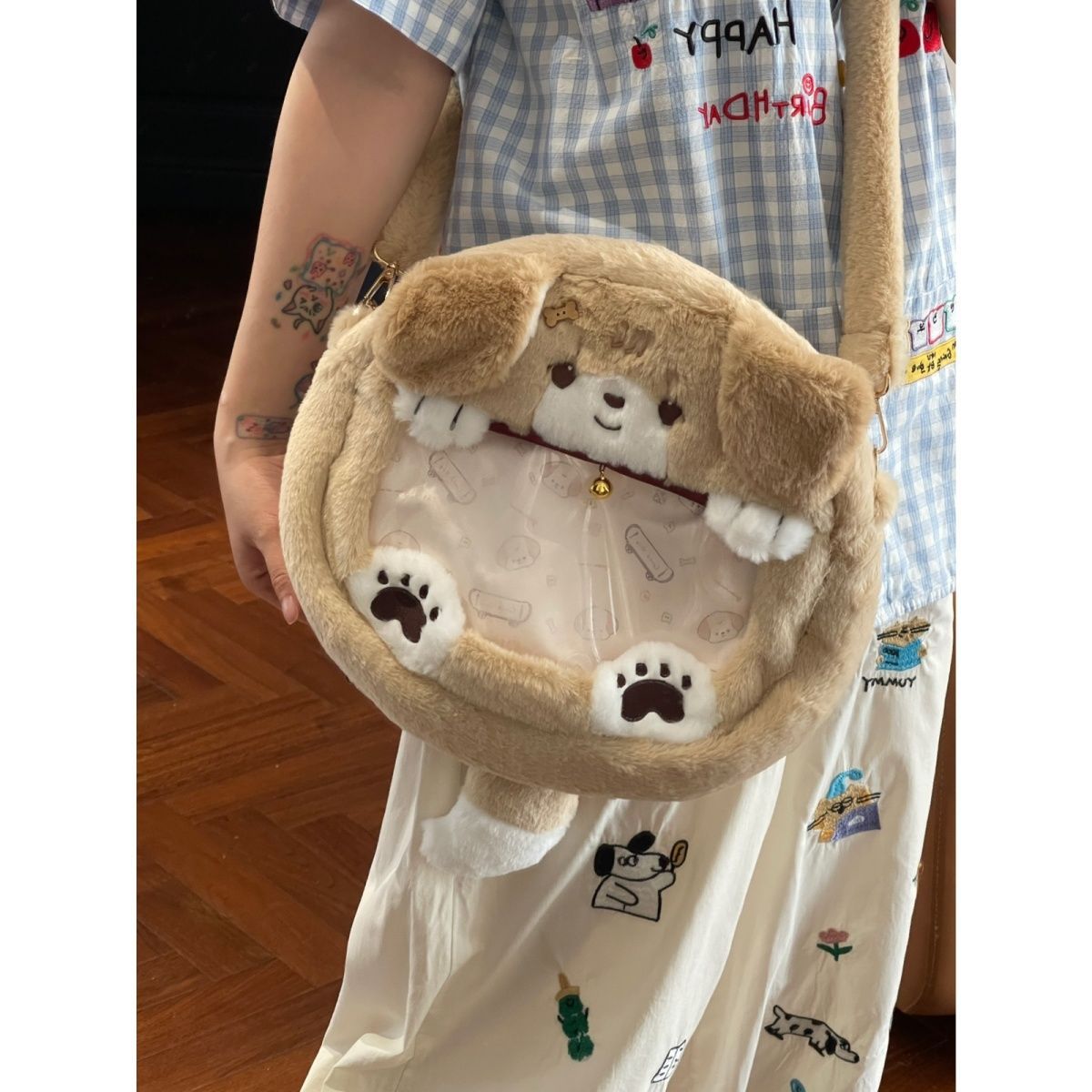 Plush Shoulder Bag with Dog Motif