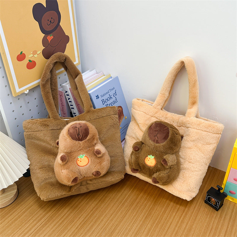 Plush Tote Bag with Large Interior Compartment and Cute Animal Design