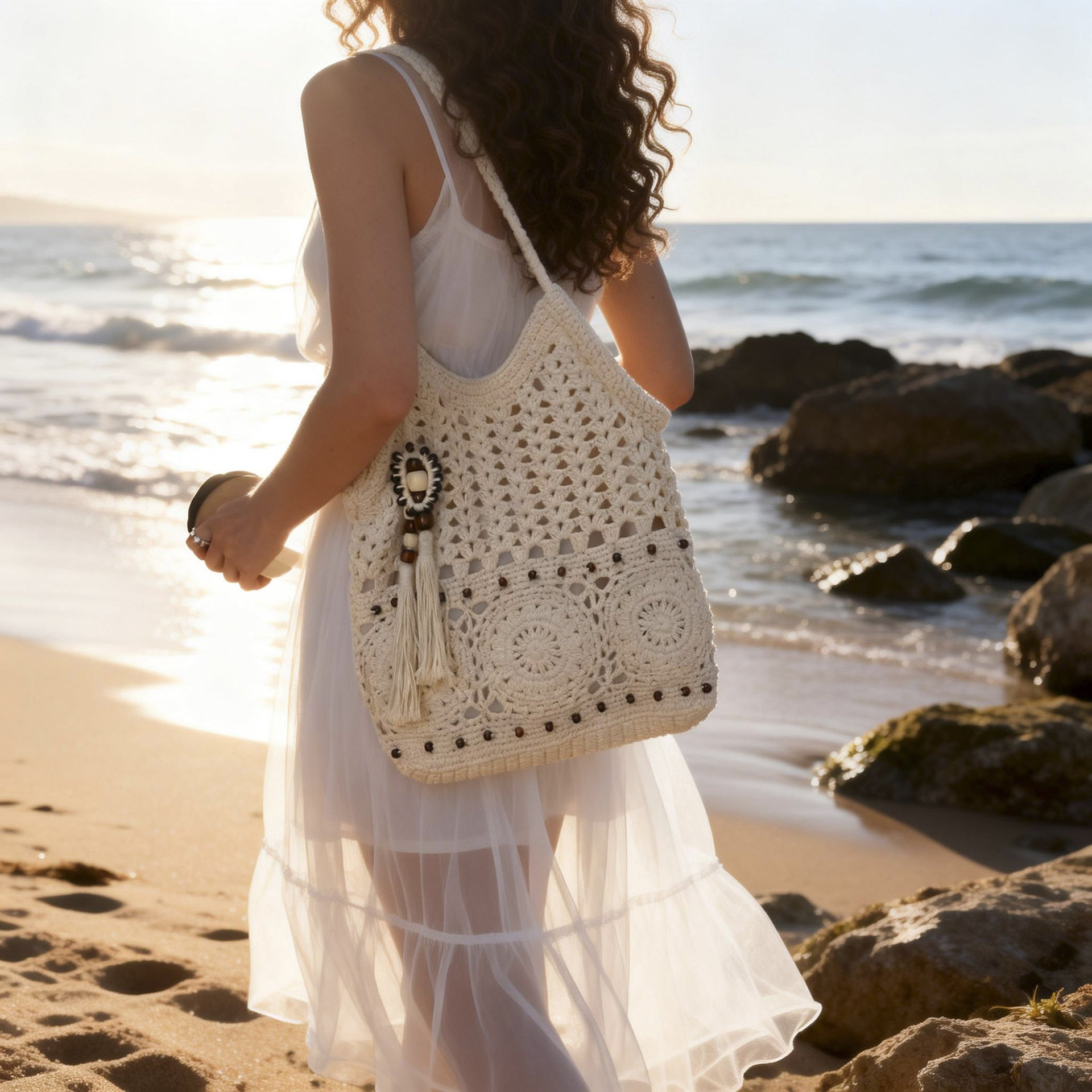 Ladies crocheted shoulder bag with decorative fringes and unique accents-https://detail.1688.com/offer/1016463857877.html-Calm Wears-Khaki-nothing-Calm Wears