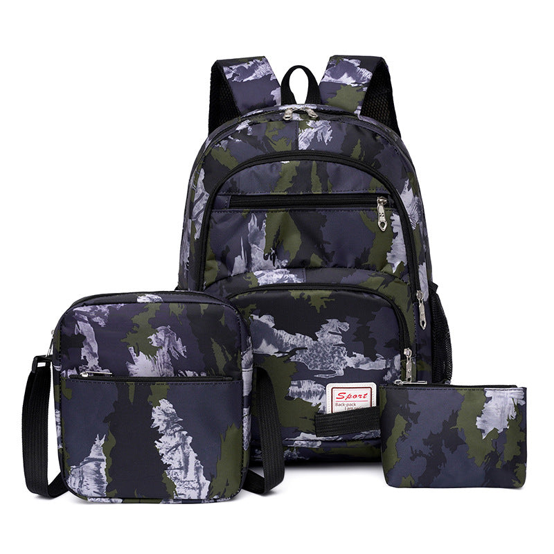 School backpack with multiple compartments and matching accessories