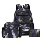 School backpack with multiple compartments and matching accessories