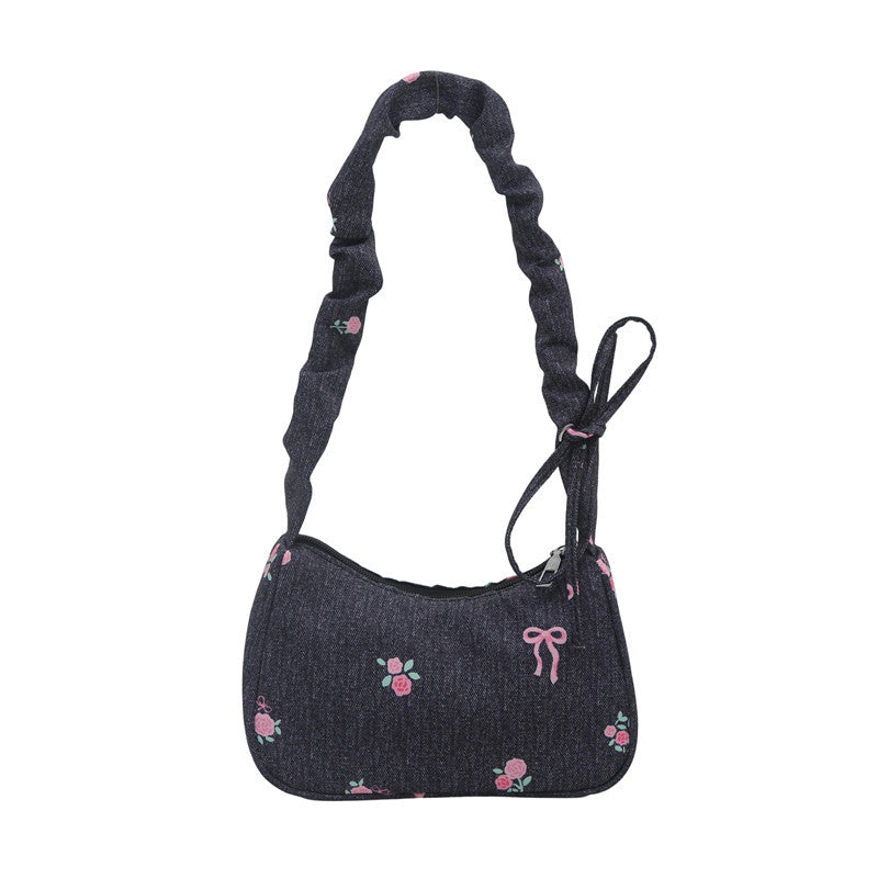 Embroidered Denim Shoulder Bag