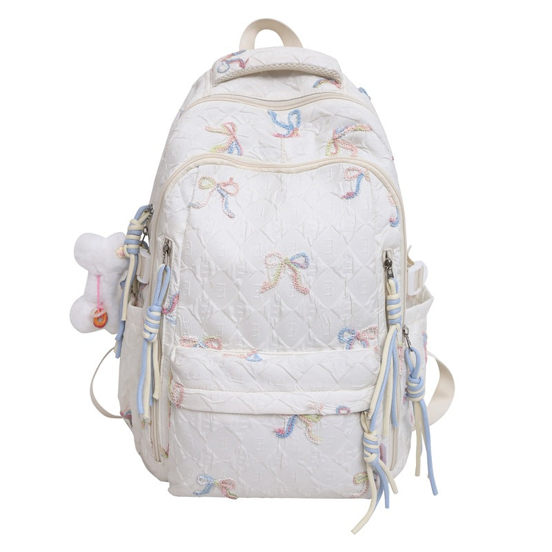 Quilted Embroidered Bow-Design Backpack
