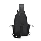 Sling backpack with flexible compartment layout and water-repellent material
