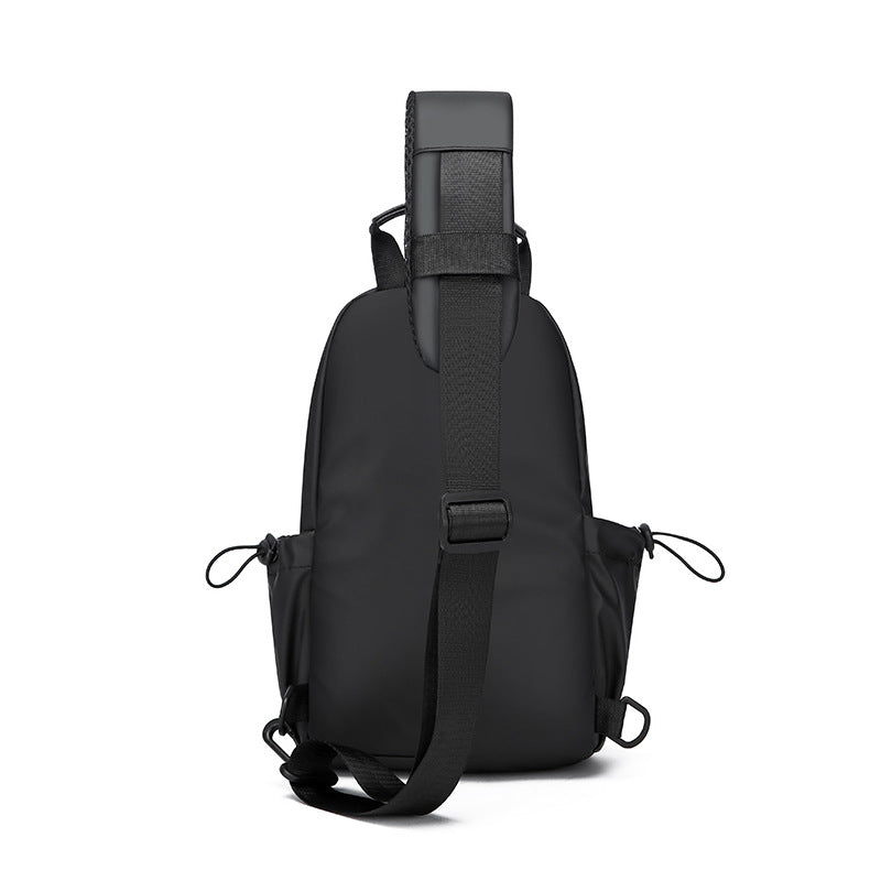 Sling backpack with flexible compartment layout and water-repellent material