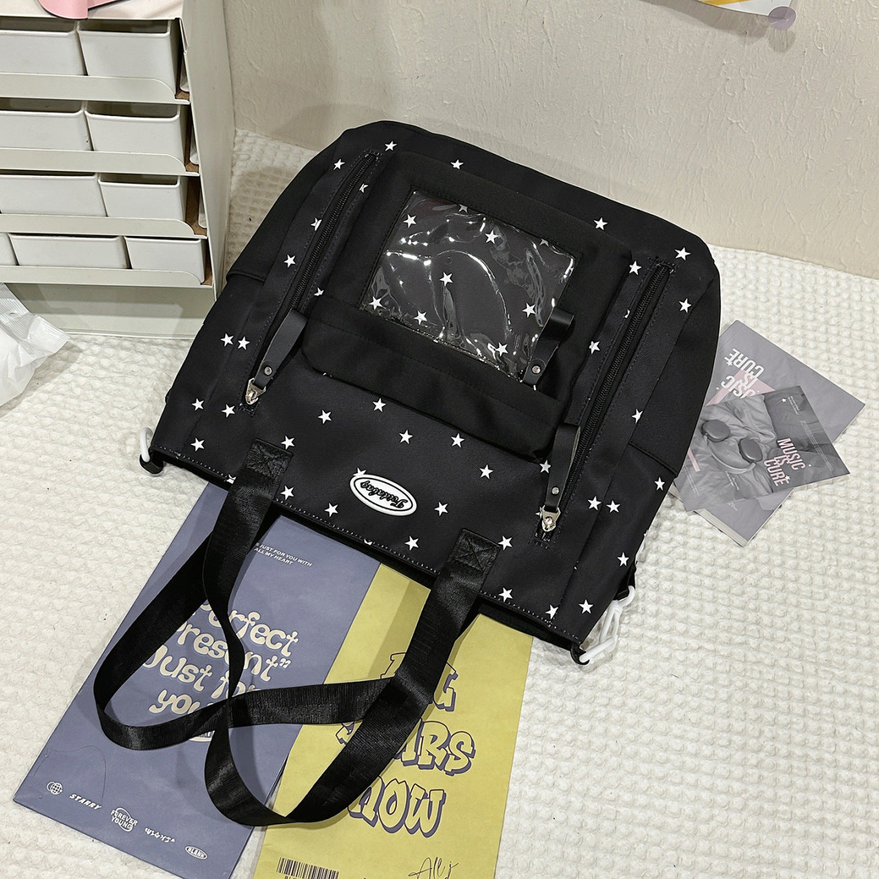 Star-Print Multi-Functional School Backpack-https://detail.1688.com/offer/1015881407912.html-Calm Wears-Black-Calm Wears