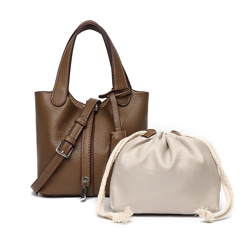 Dual-Compartment Textured Leather Tote Bag