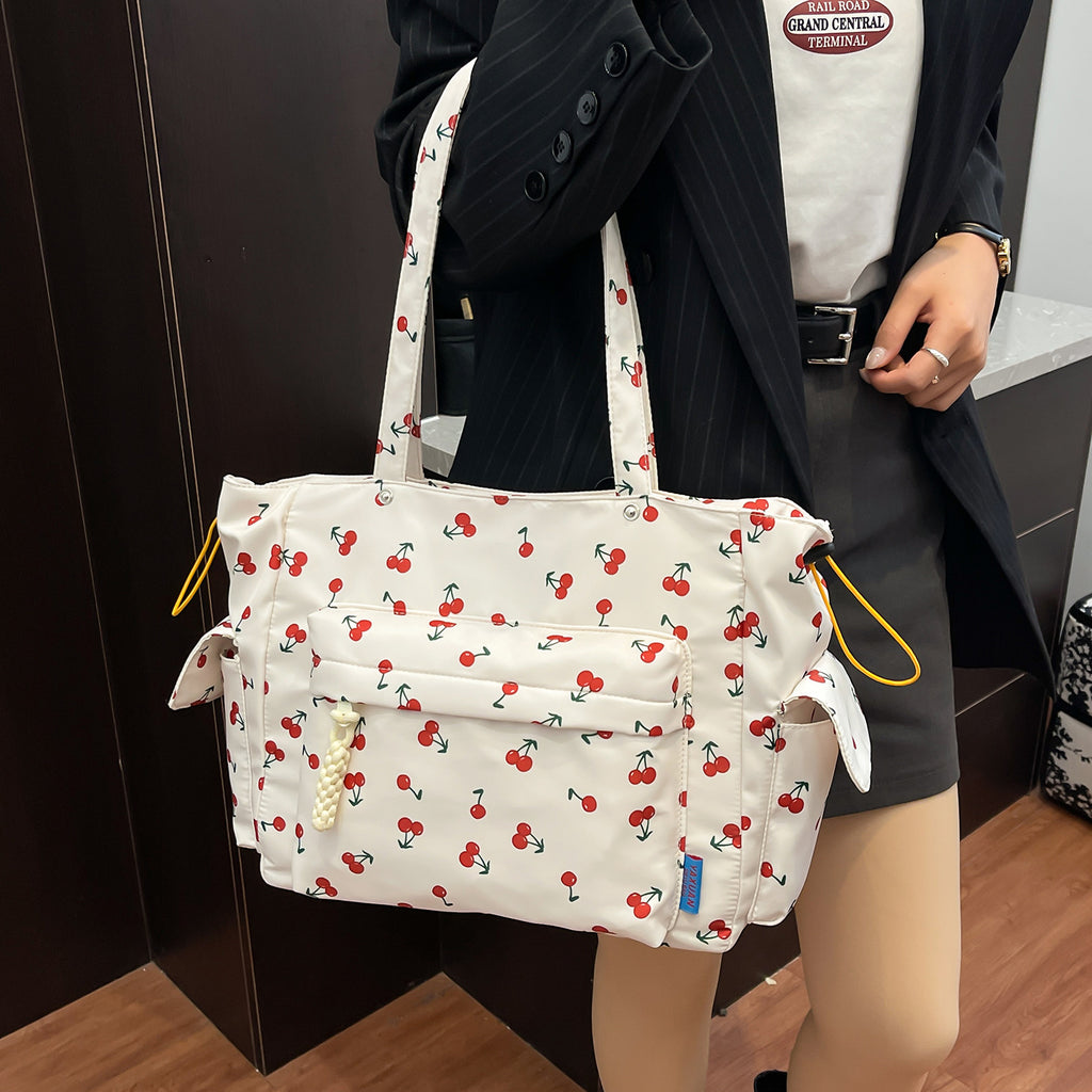 Cherry Print Multi-Pocket Tote Bag