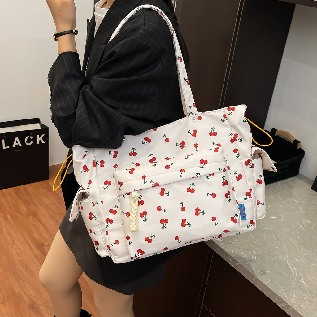Cherry Print Multi-Pocket Tote Bag