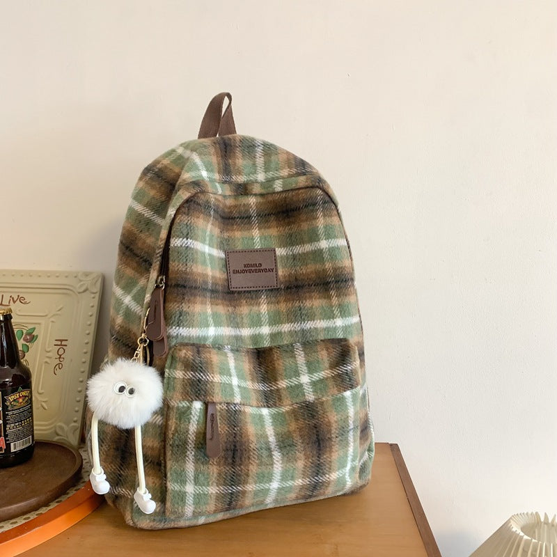 Cozy Plaid Patterned School Backpack-https://detail.1688.com/offer/826423679318.html-Calm Wears-Green Brown-Calm Wears