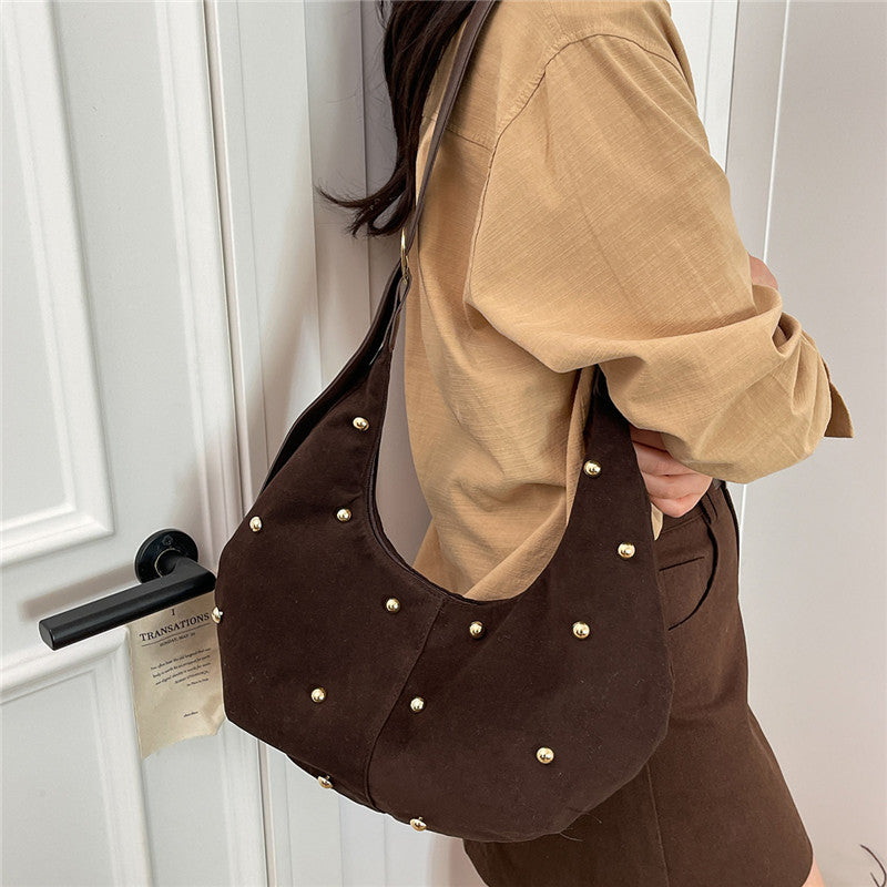 Textured Suede Hobo Bag with Decorative Studs