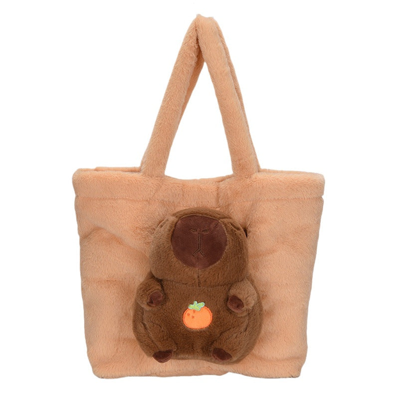 Plush Tote Bag with Large Interior Compartment and Cute Animal Design
